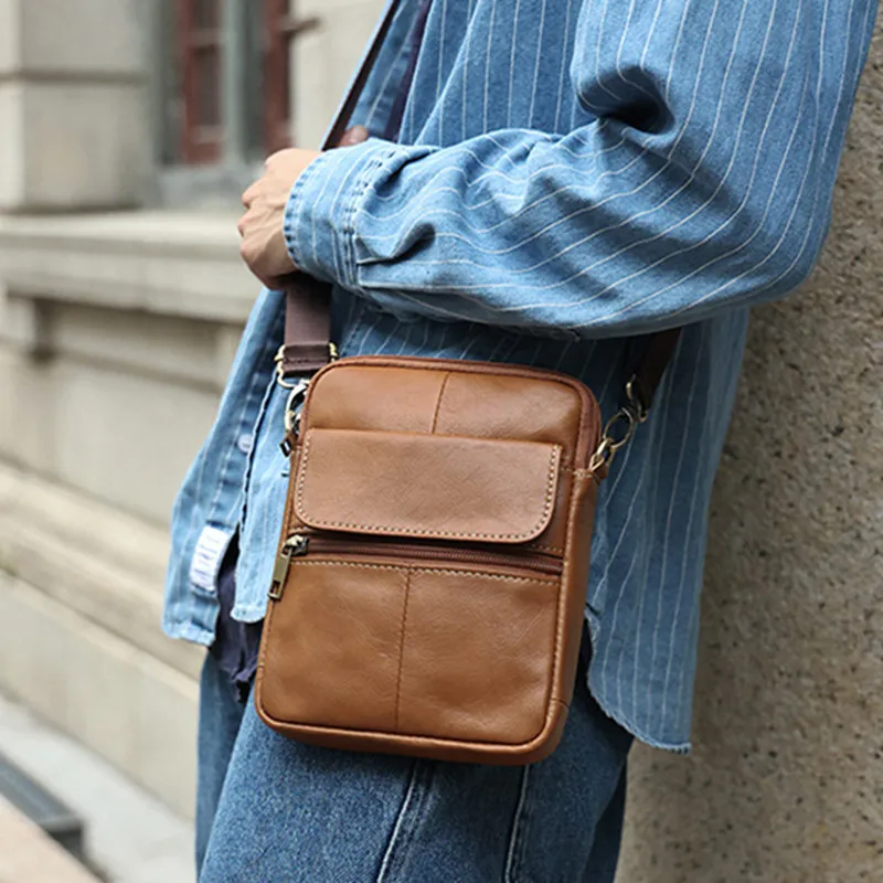 Genuine leather men's shoulder messenger bag casual cowhide phone bag vintage male crossbody bag