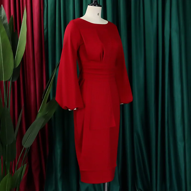 Spring Autumn Office Lady Pleated Solid Bag Hip Plus Size Elegant Round Neck Patchwork Zipper Puff Long Sleeve Pullover Dress