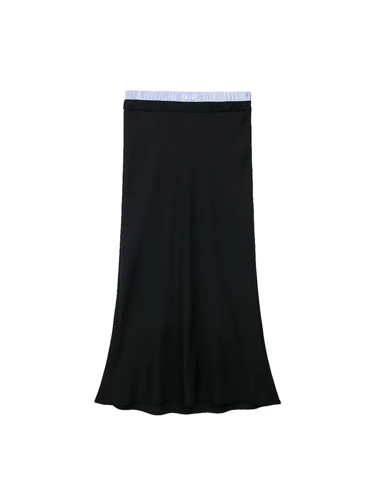

Patchwork Casual Women's Midi Skirt Elastic High Waist Side Zipper Solid Long Skirts For Women Fashion Streetwear Female Faldas
