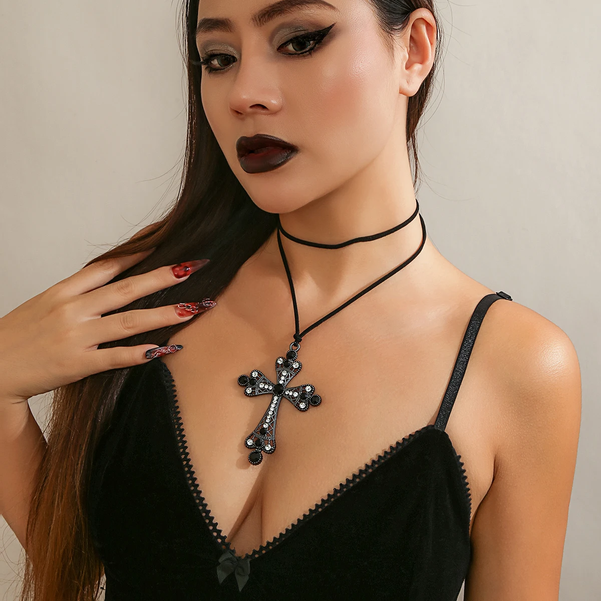 YienDoo Punk Black Cross Velvet Choker Necklace - Vintage Gothic Layered Bead Jewelry For Women