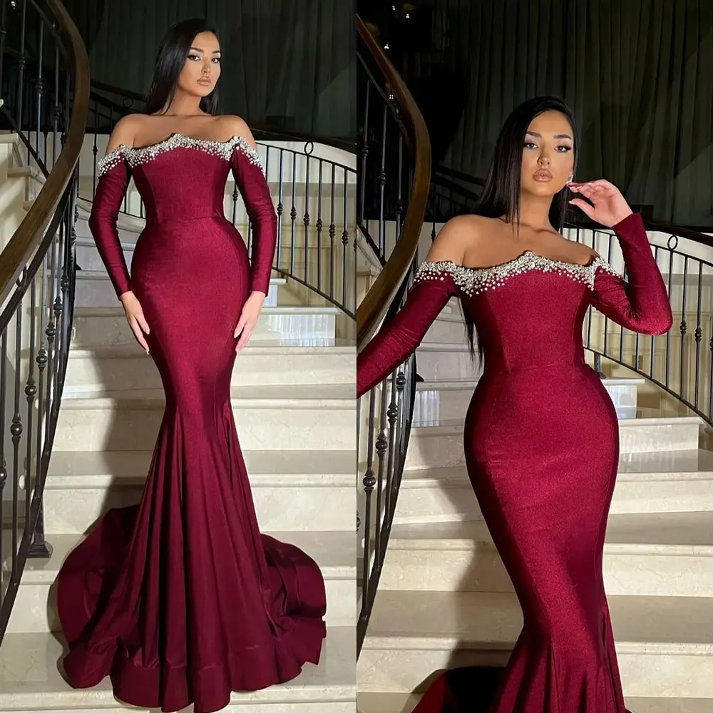 

Бордовое платье-Русалка для выпускного вечера, вечерние платья с открытыми плечами и кристаллами, элегантное женское платье для особых случаев с длинным рукавом, 2024