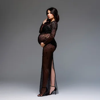 Elegant Fashion Rhinestone Pregnant Women Dress Sexy Perspective Elastic Mesh Slim Fit Dress Photography Dress For Maternity