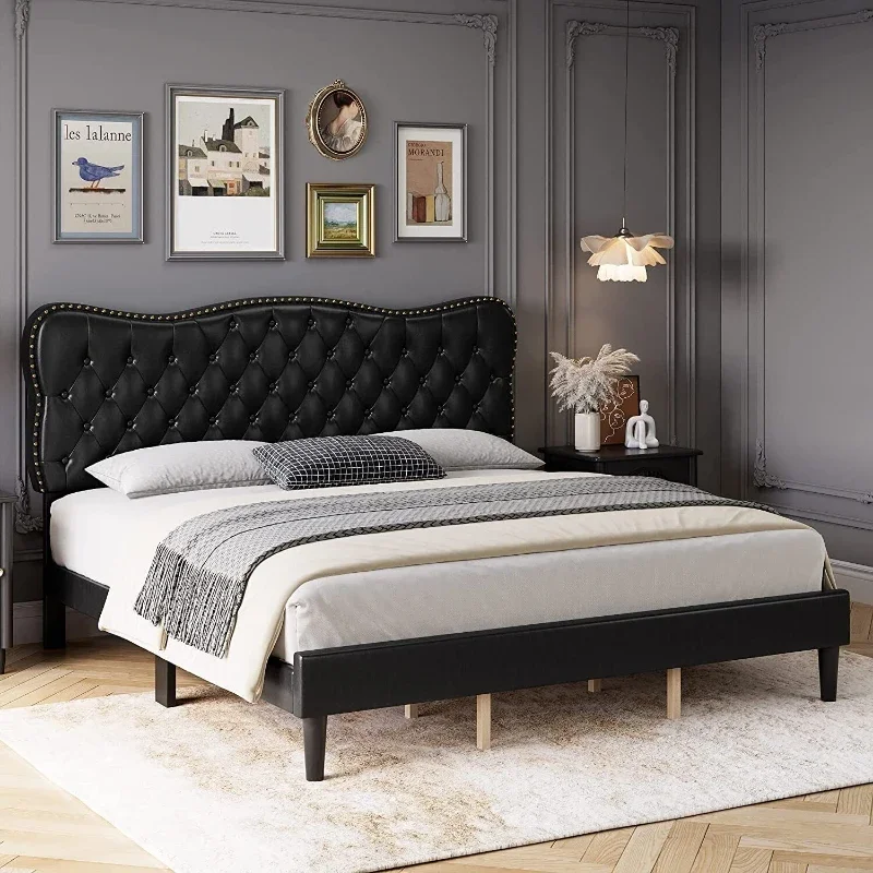 

Platform Bed Frame with Faux Leather Upholstered Adjustable Headboard