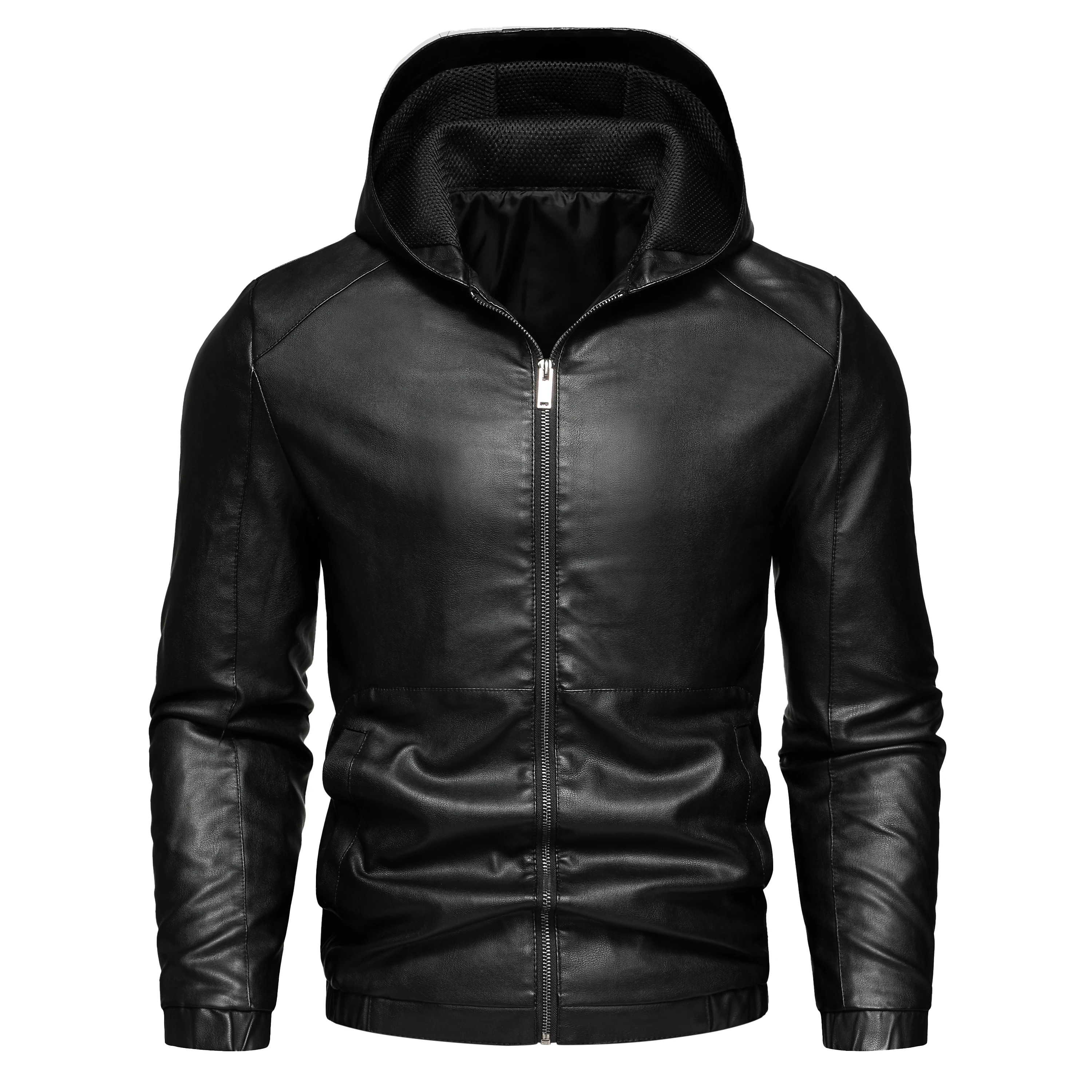Men's Casual Black Hooded PU Leather Biker Jacket