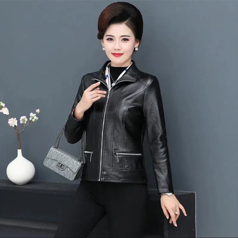 Fashion Elderly Women\'s Leather Clothes 6XL Big Size Women\'s PU Pi Jacket New Spring Autumn Casual Jackets Female Outerwear Tops