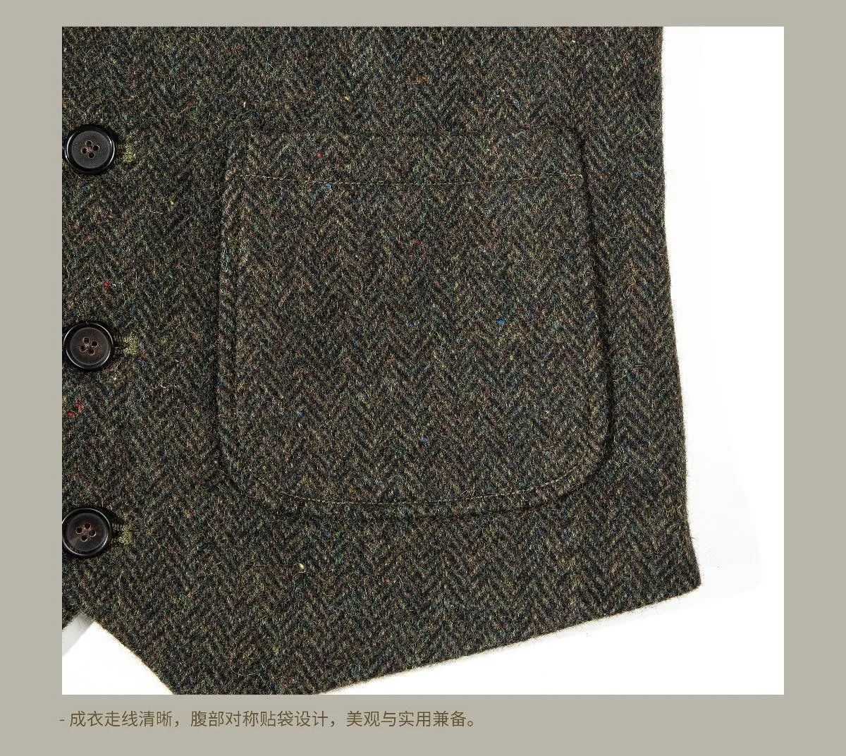Vintage-Wollweste im amerikanischen Stil, schwere Tweed-Wolle, Fischgrätenmuster, Amekaji-Weste – Detail 6