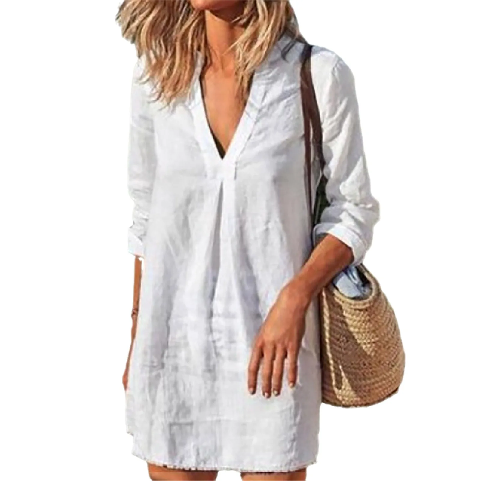 Women Summer V Neck Long Sleeve Blouse Dress