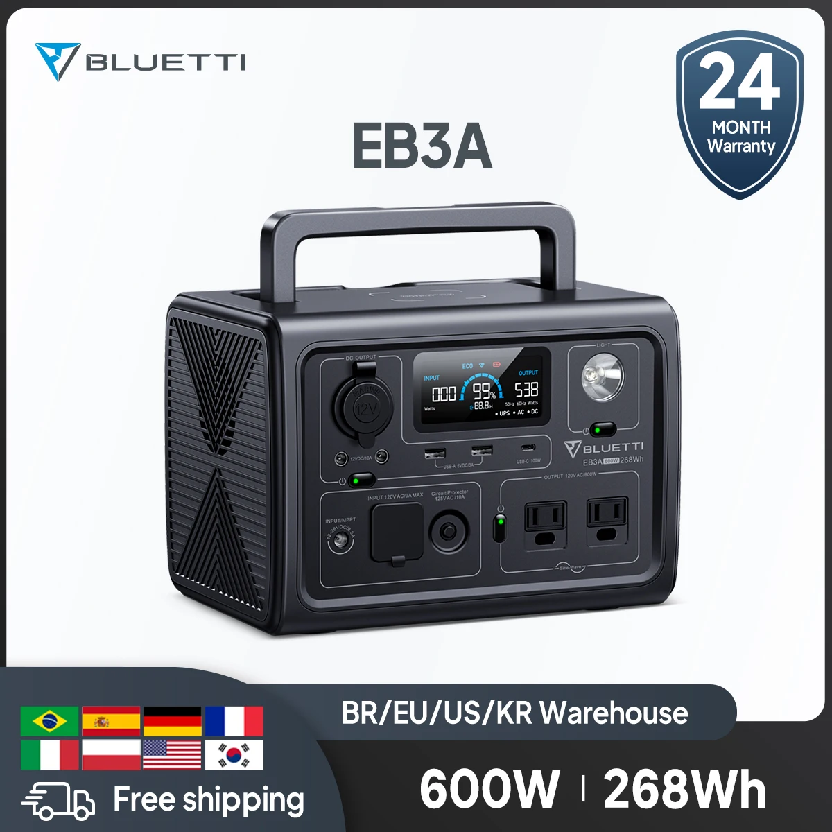 Bluetti Eb3A 600W 268Wh Ups Centrale Elettrica Portatile Campeggio Tende Rv Generatore Solare Portatile 220V 230V Energia Libera Lifepo4 Batteria