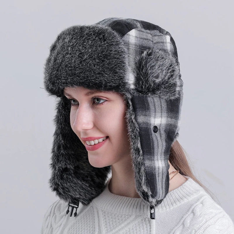 Ushanka-격자 무늬 파일럿 겨울 모자, 야외용 러시안 모자, 여성 패션 모자, 방한모자, 파일럿, 남성용, 따뜻한 봄버 트랩퍼