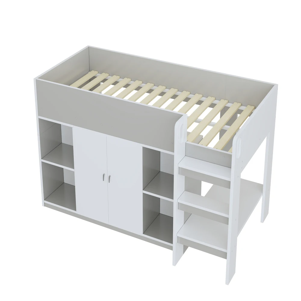 90*200cm Multifunktionales Hochbett mit Stauraum, Kleiderschrank und Regalen, Kinderbett mit Leiter und stabiler Konstruktion – Detail 35