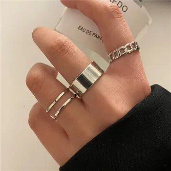 3 Piece Stainless Steel Korean Punk Women's Ring Set Jewelry Silver Color Geometric Chain Open Rings For Women 2025 Wholesale