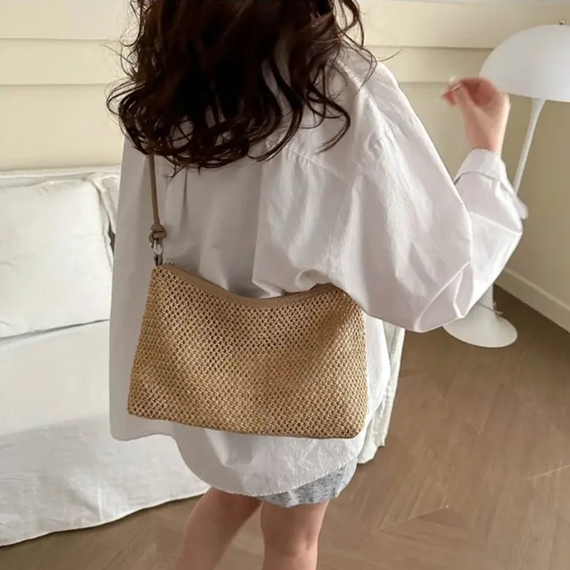 Boho Rattan Straw Bag Fashion Woven Large Capacity Handbag Handmade Braid Shoulder Bag for Women Summer Beach