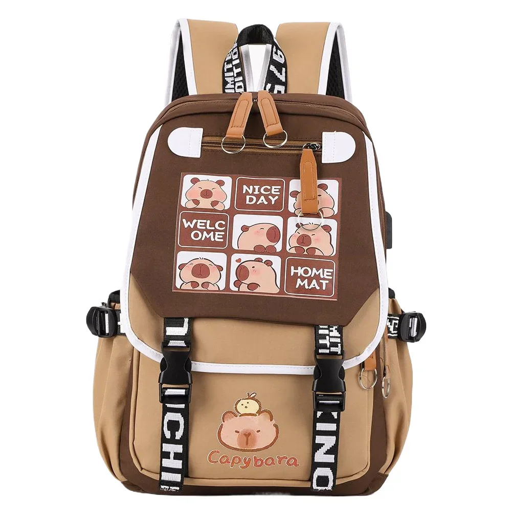 Cartoon Capybara Backpack with Pencil Case, Cute Kawaii Large Capacity Aesthetic Rucksack, Nylon Material, Zipper Closure