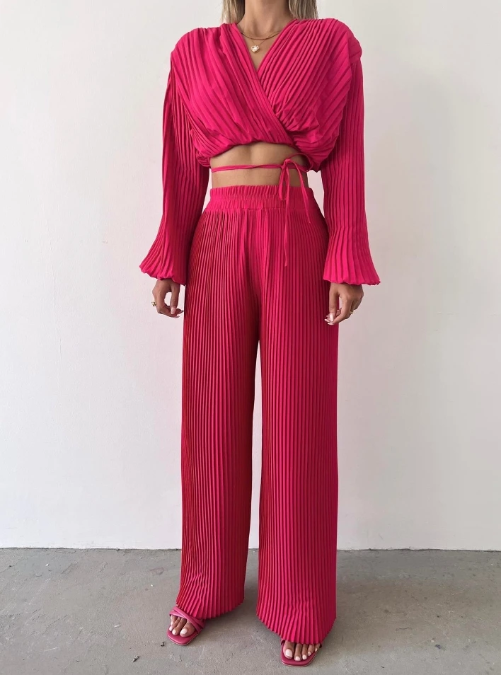 Spring Summer Pants Set Women 2 Piece Temperament V-Neck Bubble Sleeves Drawn Pleats Exposed Navel Tie Up Top Wide Leg Pants Set t shirt for men letter king o neck men top daily casual clothing vintage sportswear loose oversized clothes trend short sleeves