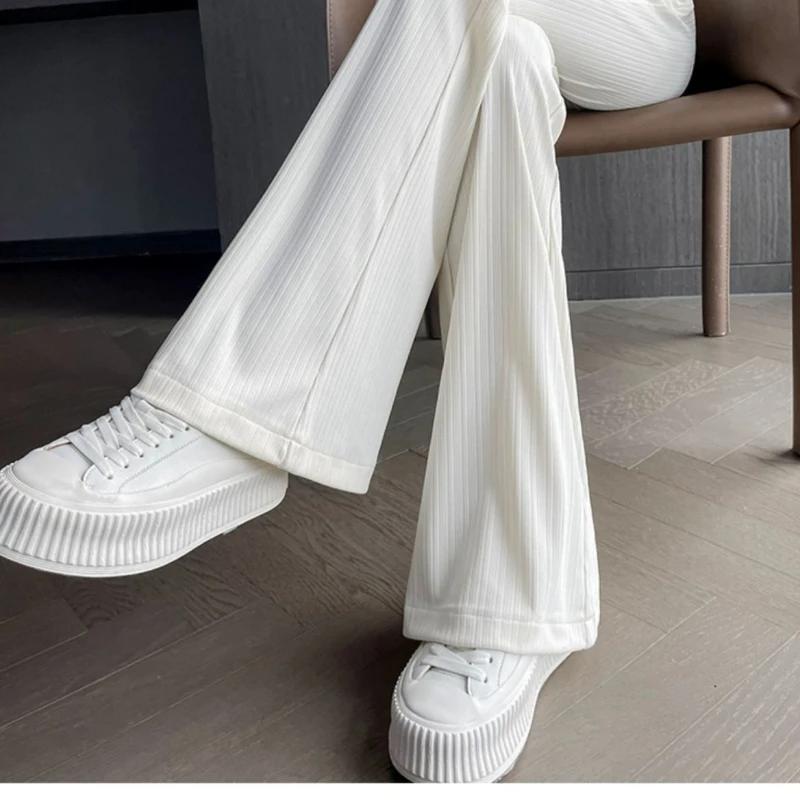 캐주얼 하이 웨이스트 아이스 실크 플레어 바지 여성용, 얇은, 솔리드, 밀대 걸레 바지, 부드럽고 편안한, 탄성, 여름