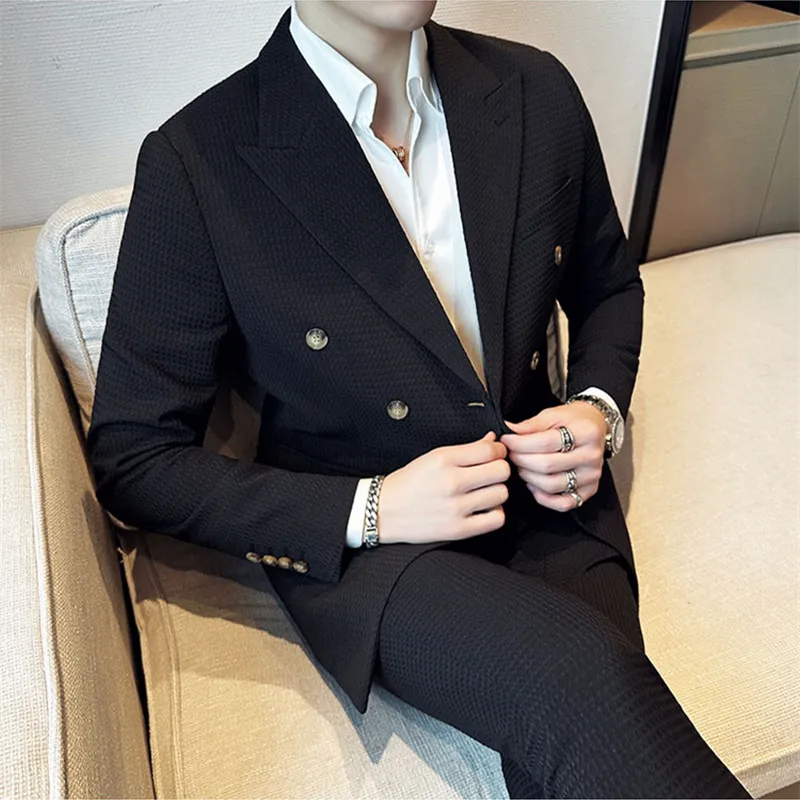 Double-breasted Waffle Business Suit Men Wedding Prom Party Blazers and Pants Homme Slim Fit Tuxedo Dress 2Piece Set