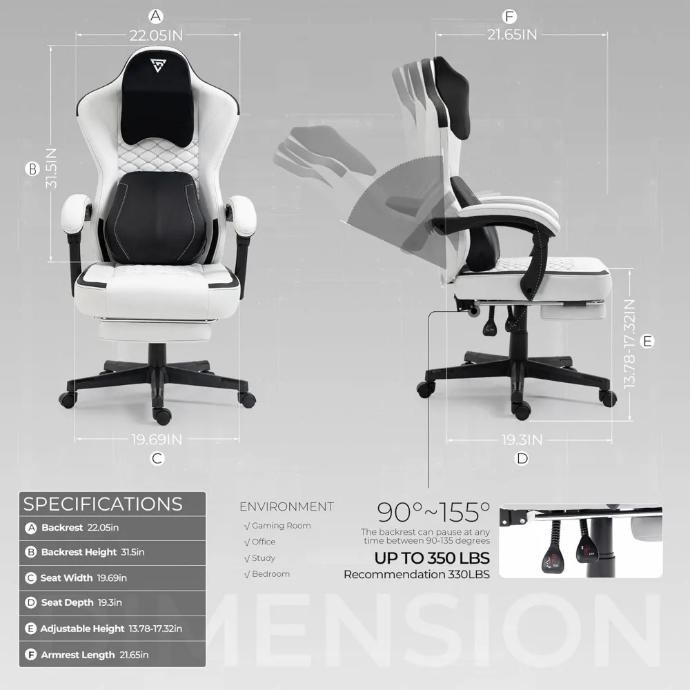 Gaming Chair with Heated Massage Lumbar Support, Ergonomic Gaming Computer Chair with Pocket Spring Cushion and Footrest, Reclin 3