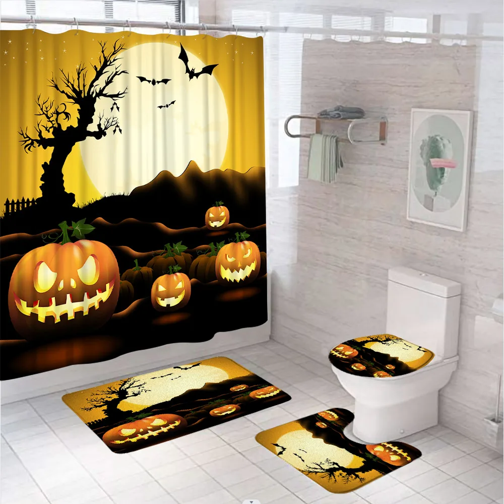 

Pumpkin Halloween Bat Witch Shower Curtain Set Full Moon Night Bathroom Curtains Non-Slip Bath Mat Pedestal Rug Lid Toilet Cover
