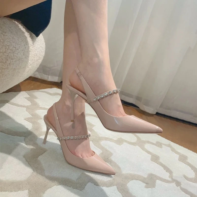 

Baotou Rhinestone Sandals Women's Summer 2022 Spring Nude High Heels Stiletto Heel Pointed Back Empty Shoes