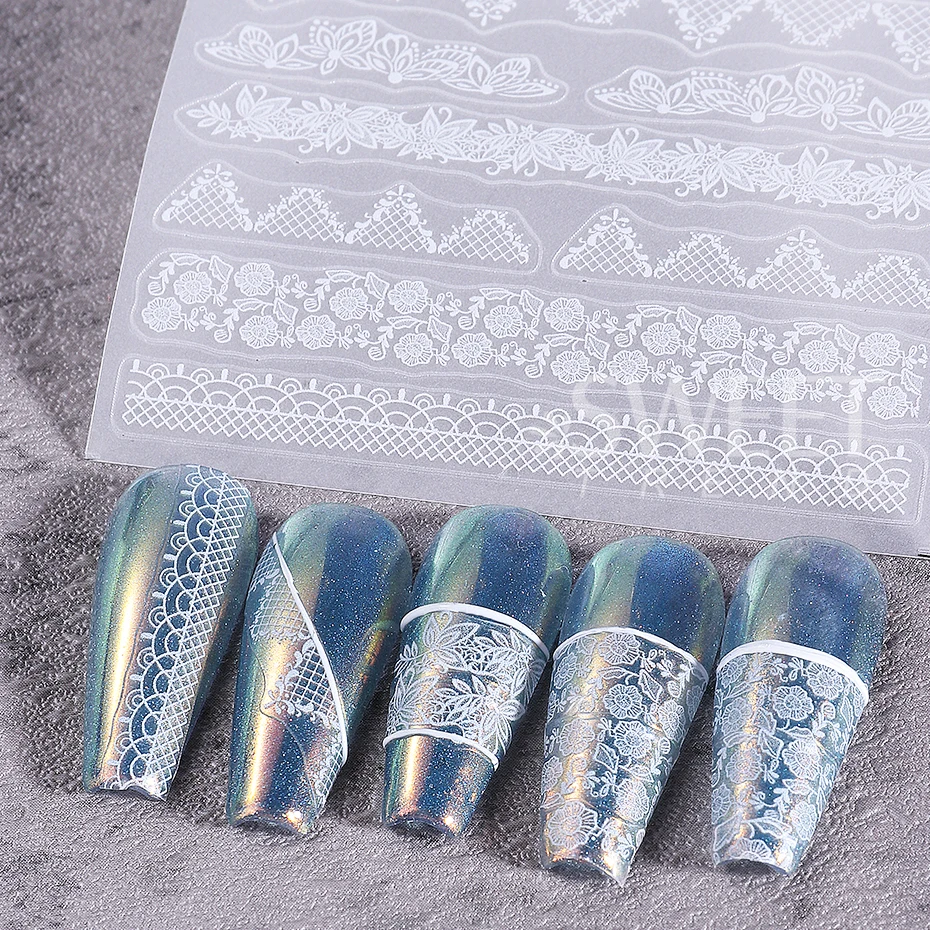 2pcs Lace Nail Stickers Black White Charm Lace Florals Simple Line Design Nail Decals Elegant Wedding Slider Manicure Decoration