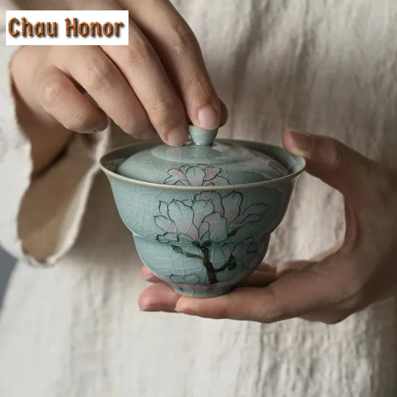 125ml Borneol Glaze Hand-painted Magnolia Covered Bowl Handmade Household Kung Fu Teaset Tea Ceremony Accessories Drinkware Gift