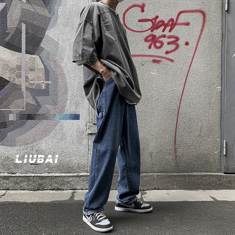 Harajuku Chic Straight Pants Men Jeans Men's High Street Vintage Jeans Korean Loose Straight Floor Mops Spring Overalls