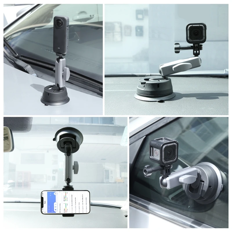 PULUZ 액션 카메라 자동차 흡입 컵 암 마운트, 휴대폰 거치대 포함, Insta360 DJI 고프로 카메라 조절 가능 브래킷 액세서리