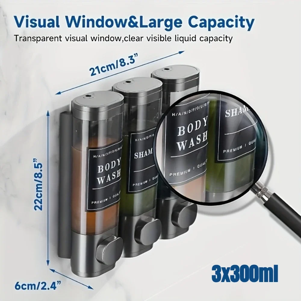 300ML*3 משאבת שמפו ומרכך משולשת ABS לתליה על הקיר, משאבת סבון ומרכך ג'ל למקלחת ללא צורך בתקנה לחדר האמבטיה