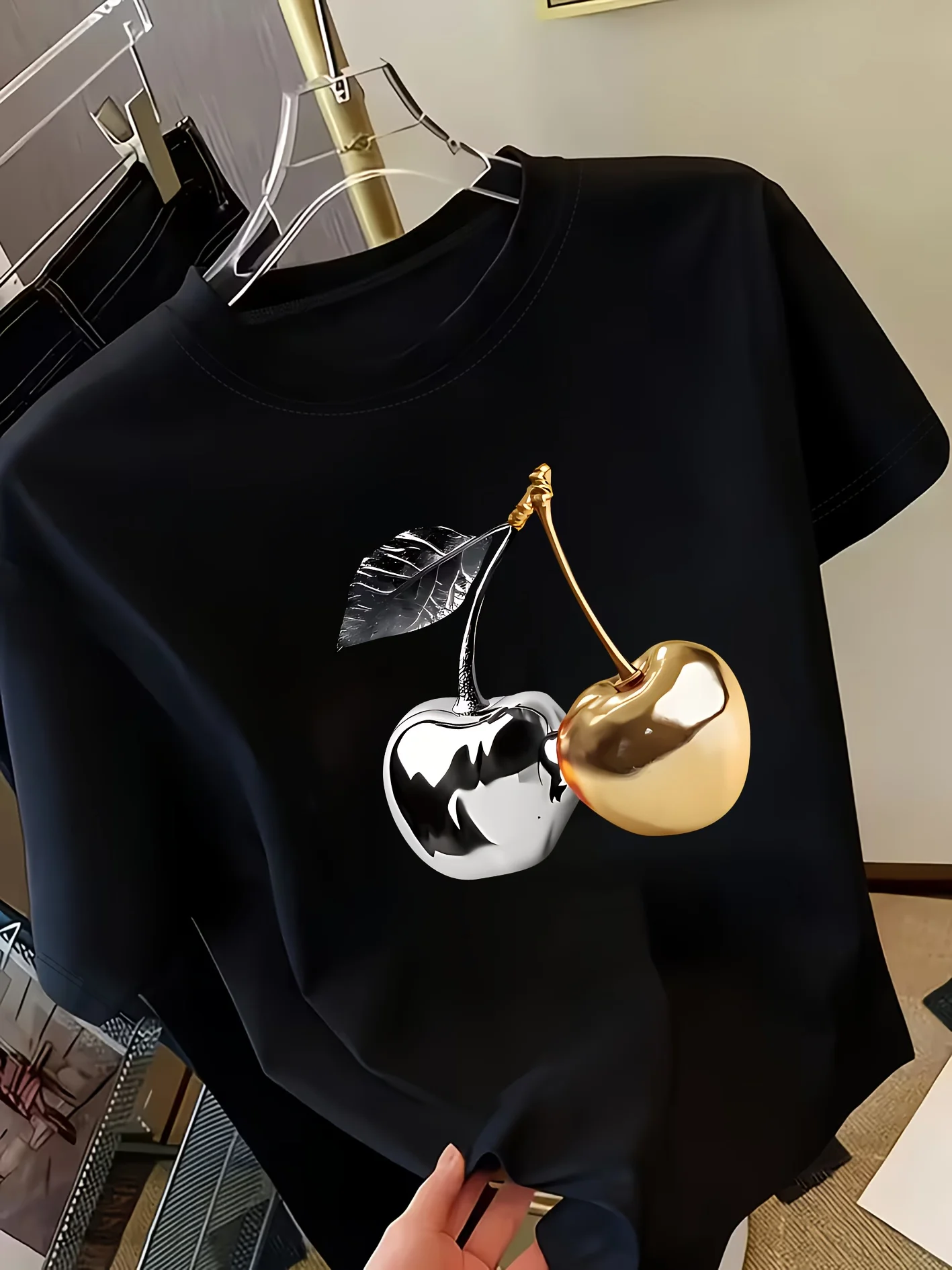 Golden Cherry Print Women Short Sleeve T-Shirt Stylish Casual Tee a Sense of Elegance Versatile Top for Women Minimalist Design 5