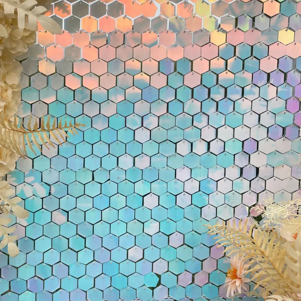 

12PCS Hexagonal Shiny Sequin Backdrop Wall Panel Wedding Birthday Christmas Event Decoration Mirror Laser Shiny Sequin Backdrop