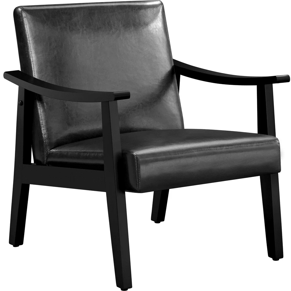 

Mid-Century Modern Accent Chair with Wooden Frame, Black Faux Leather