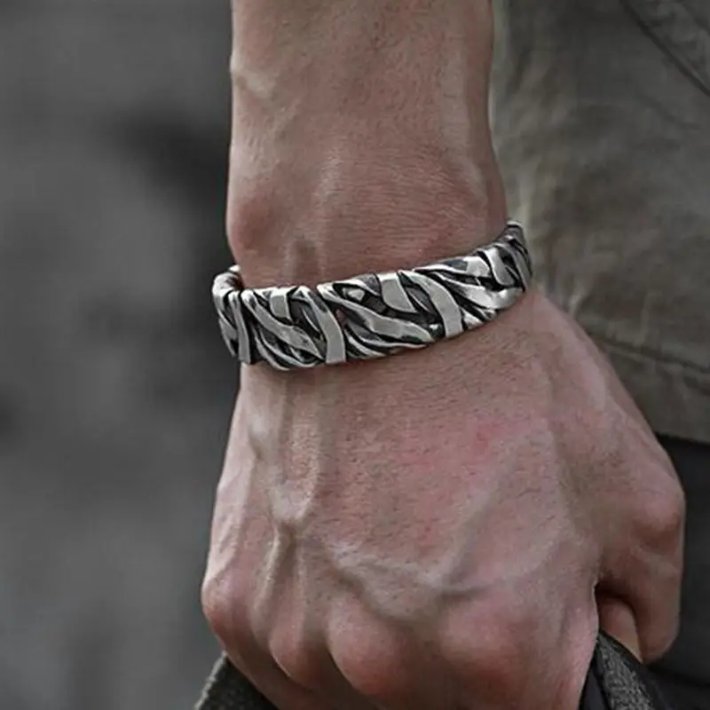 

Retro Irregular Stone Textured S925 Sterling Silver Metal Hand-woven Bracelet for Men Cuff Personalized Casual Jewelry Gift