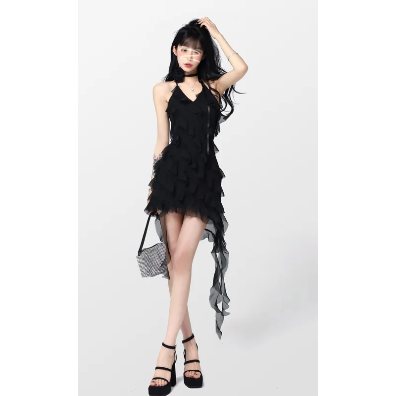 

Womens Black Dress Sling Sleeveless Flounce Sexy America Fashion Temperament Minimalist Female 2023 Summer NEW Miniskirt