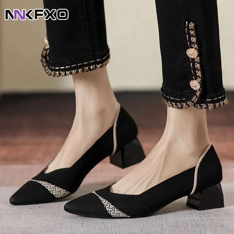 

Chunky Heel Stretch Knitted Pumps Shoes Women's Shallow Flats High Heels Dress Shoes Pointed Toe Mesh Breathable Cozy Shoes