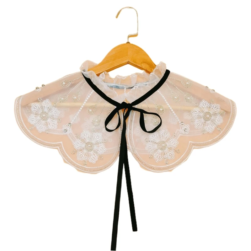 

Women Ruffled False Collar Shawl Lace-Up Bow Necklace Pearl Embroidery Capelet