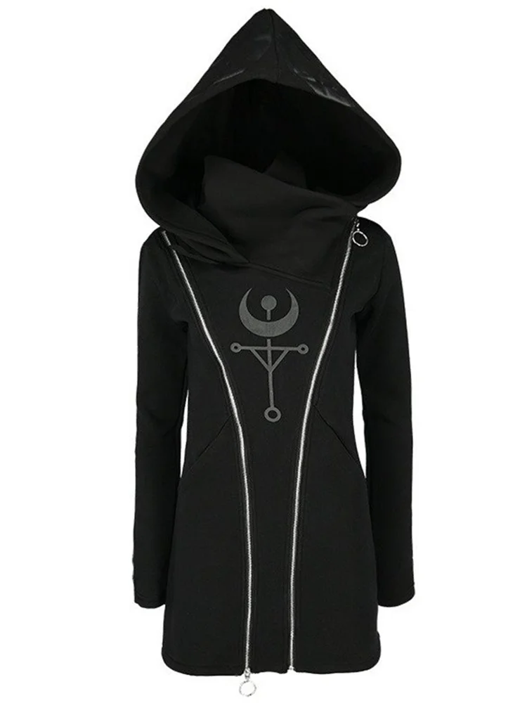 2022 Retro Gothic Punk Women Hooded Double Zipper Casual Black Hoodies Slim Fit Female Dark Sweatshirt Outdoors Clothes Hoody halloween woman medieval princess flare sleeve dress polyester oversized skinny female retro palace renaissance gothic ball gown