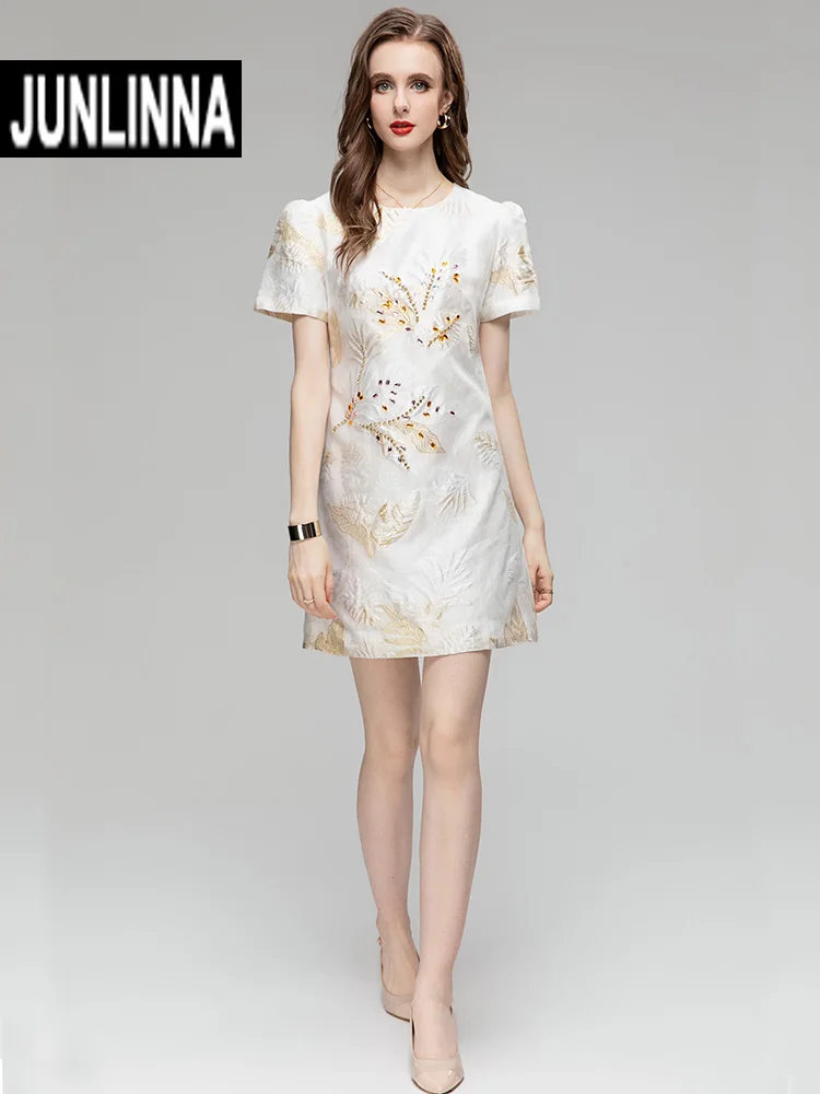 

JUNLINNA Jacquard Emboss Mini Dress Summer Women O-Neck Short Sleeve Beading Fashion Street Vestidos