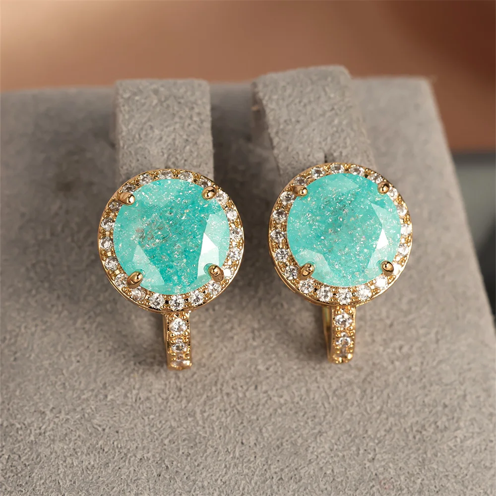 Green Ice Flower Zircon Round Stone Hoop Earrings For Women Vintage Gold Color Ear Buckle Wedding Jewelry Engagement Party Gifts