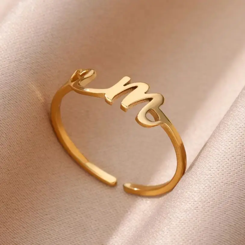 Tiny Hollow Heat Initial Letter Rings For Women Gold Color Stainless Steel A-Z
