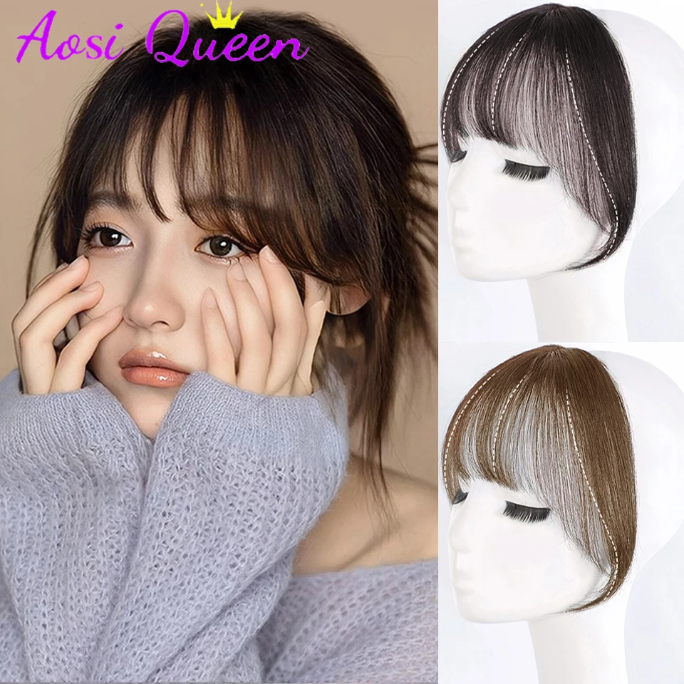 

AOSI Hairpin Style Air Bangs Thin Fake Tassels Natural Straight Synthetic Neat Bangs Women's Invisible Natural Brown Black Bangs