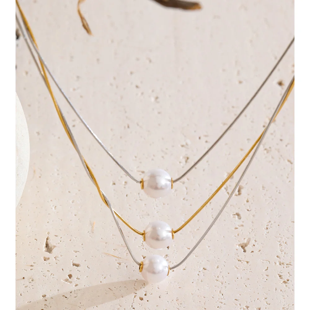 Yhpup Korean Stainless Steel Simulated Pearls 3-Layered Pendant Necklace