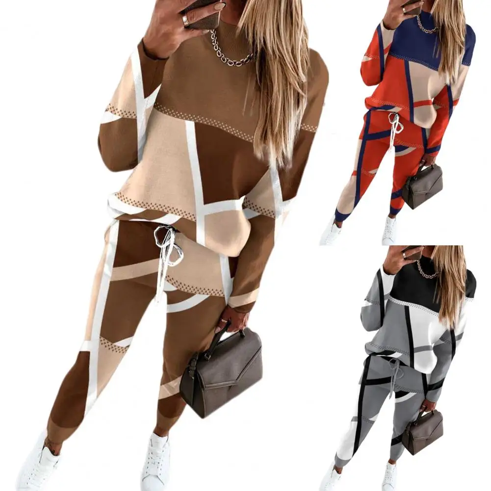 

Women 2pcs Clothes Set Autumn Winter Contrast Piping Top & Drawstring Pants Set Sweatshirt Sweatpants
