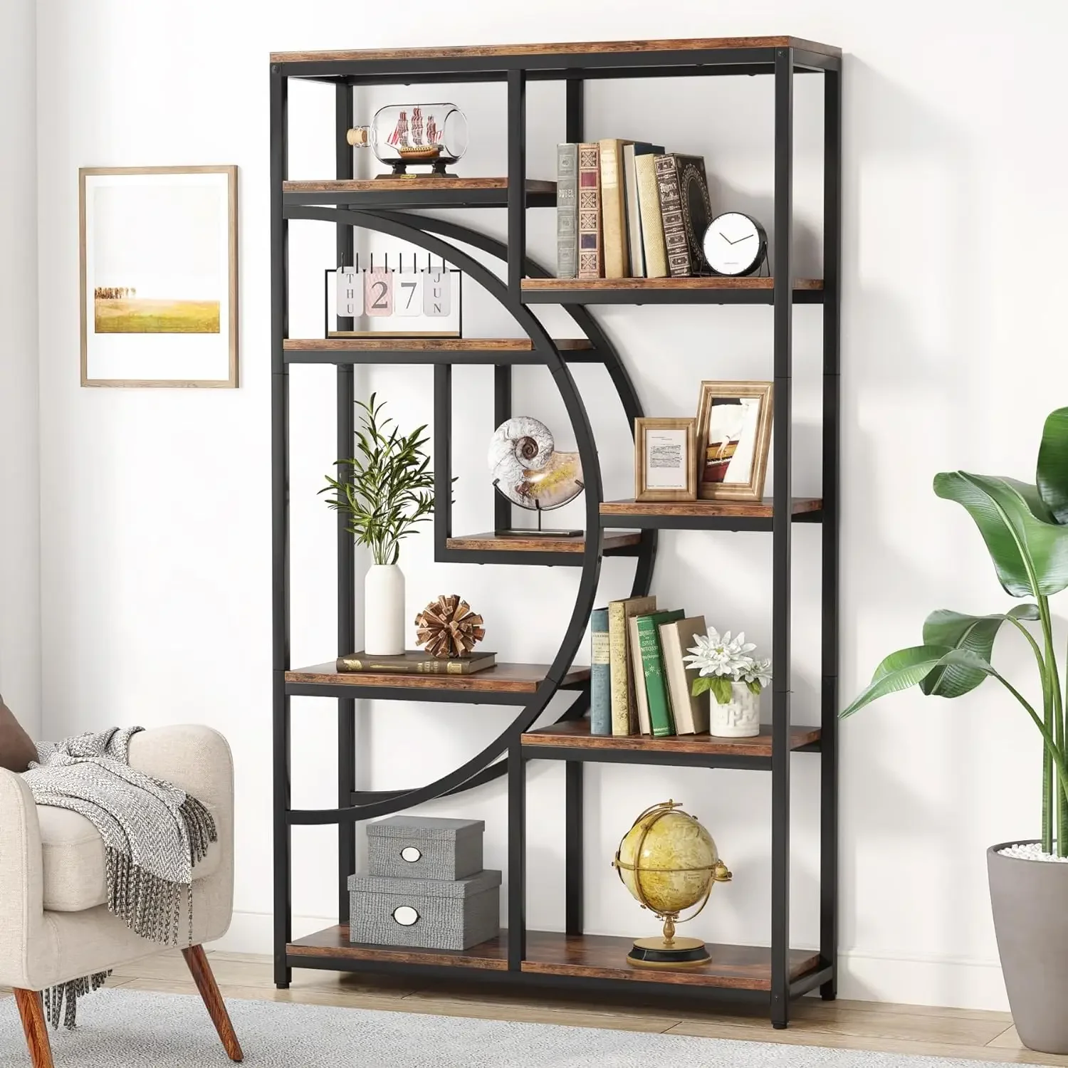 

Bookshelf Industrial 5 Tier Etagere Bookcase, Freestanding Tall Bookshelves Display Shelf Storage Organizer for Living Room