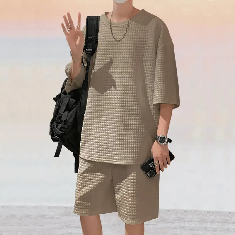 Summer Fashion Heavy Men's Clothing Small Check Jacquard Loose Straight Tube Plus Size T-shirt Shorts Two-piece Men's Wear