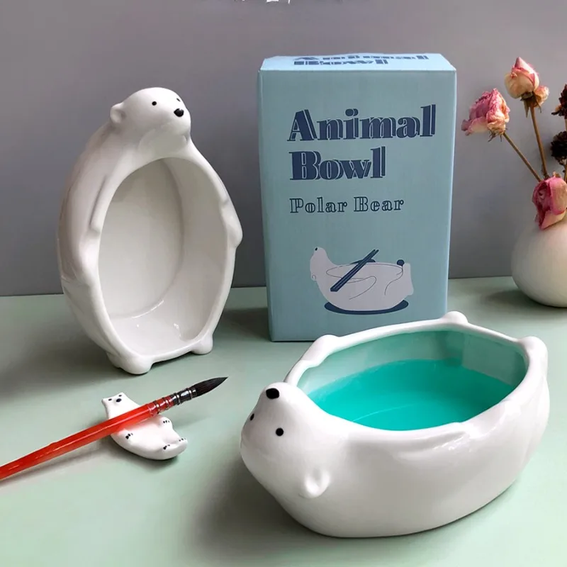 흰색 도자기 북극곰 펜 세척 펜꽂이, 수채화 미술 페인팅 도구, 팔레트 수채화 ..