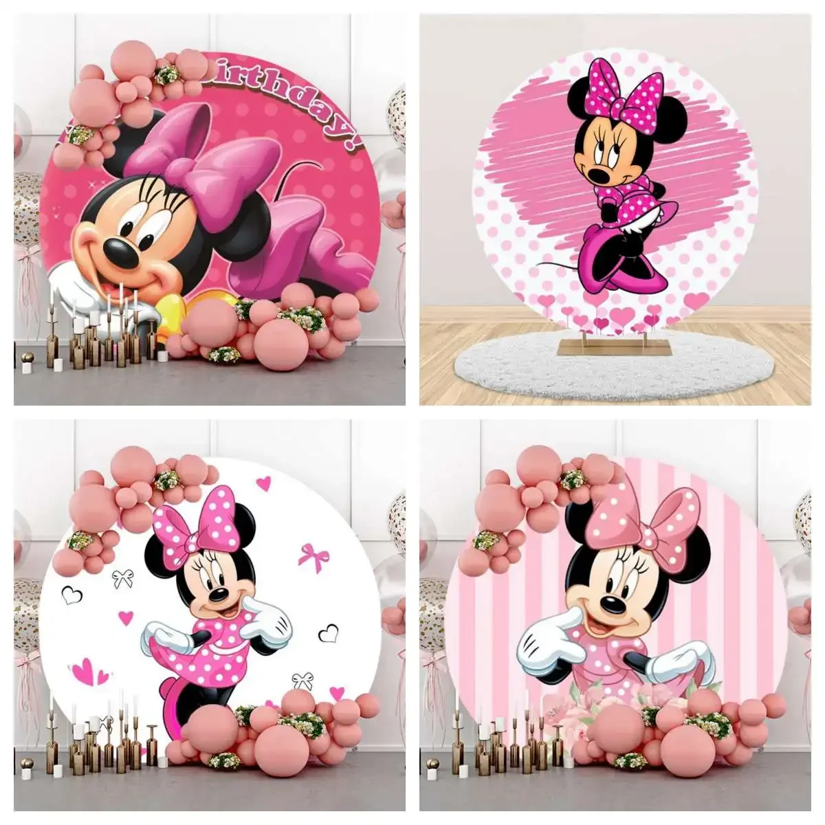 

Disney Pink Girls Mouse Minnie Round Photography Backdrop Kids Baby Shower Happy Birthday Party Backdrop Photo Studio Background