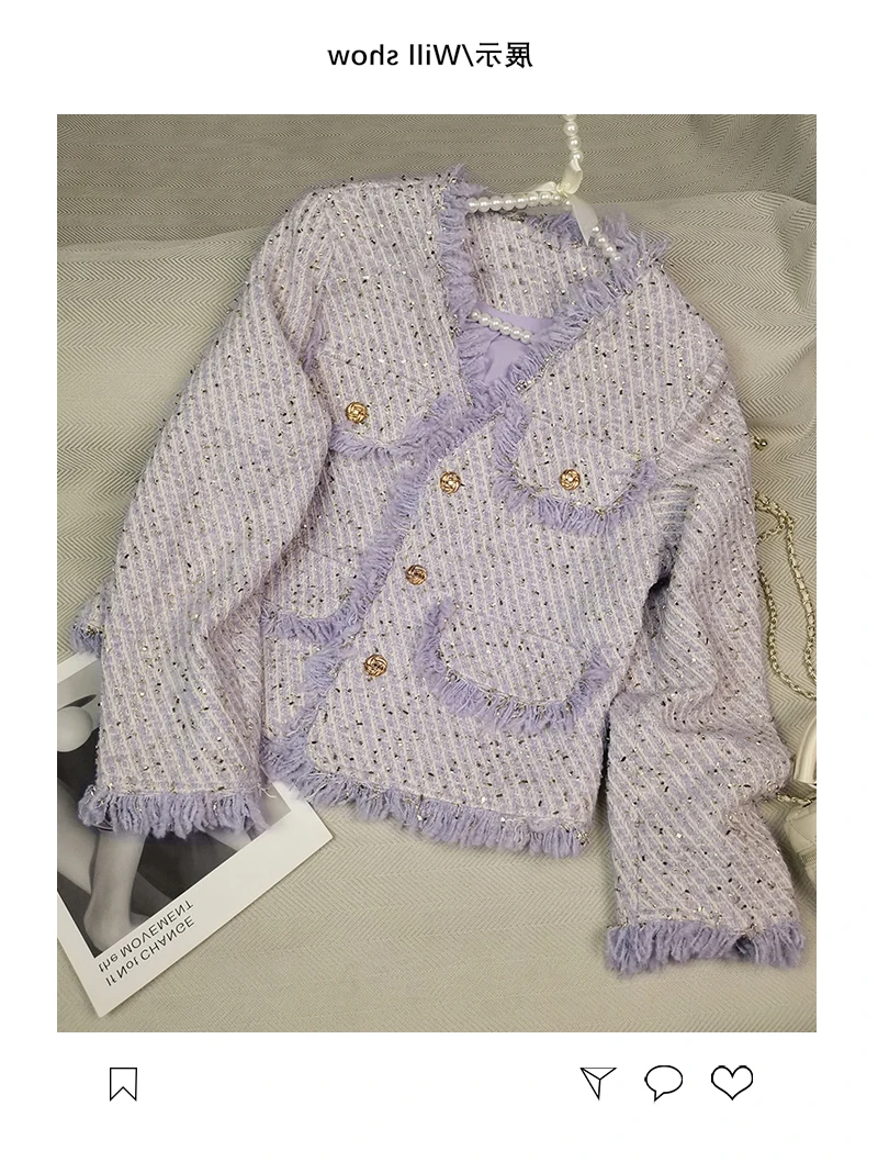 

High-Quality Small Fragrant Style Sparkling Tweed Jacket For Women Soft Thick Gold Button Short Outerwear Coat Top