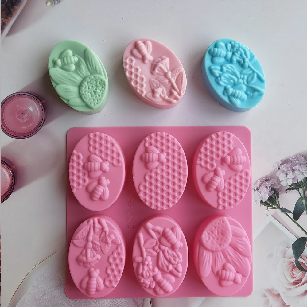 6 Bee-shaped Silicone Soap Molds, Oval Handmade Soap Silicone Molds,  Flowers and Honeycomb-shaped DIY Cake Molds, Baking Molds