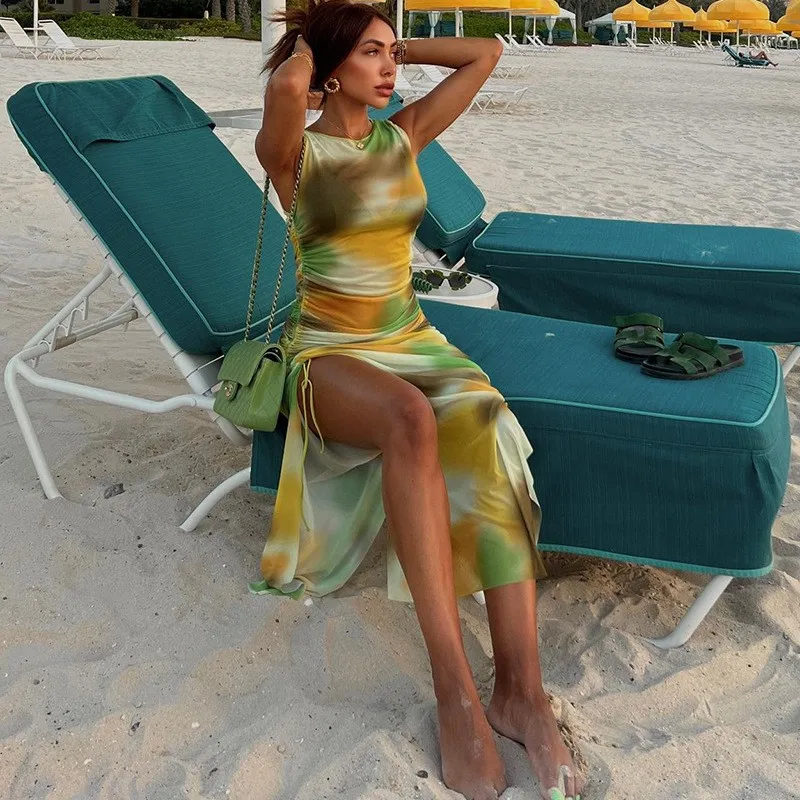 

Fashionable printed mesh perspective sexy sleeveless round neck wrap buttocks slit dress beach vacation trendy woman