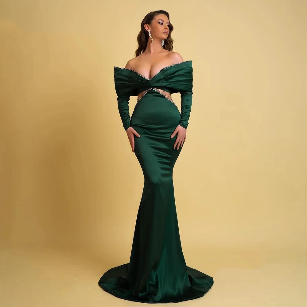 

Green Mermaid Satin pleated deep V-neck off-the-shoulder long sleeve sexy off-the-waist party PROM sequin evening gown